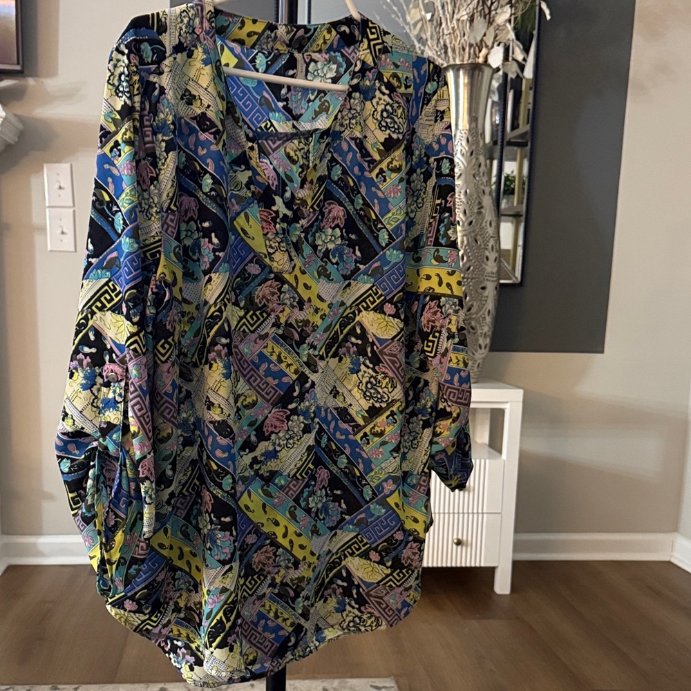 Cato Colorful Geometric Patterned Blouse.Black, yellow,blues, pink and teal blue
